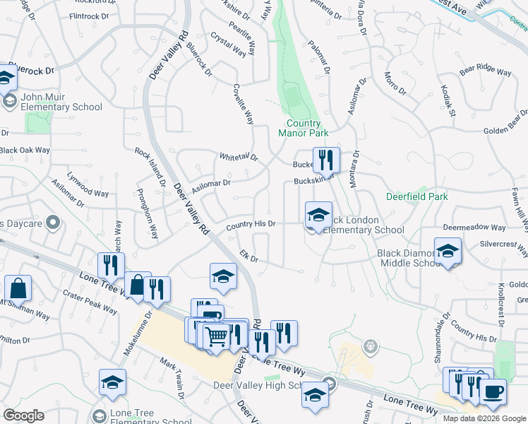 map of restaurants, bars, coffee shops, grocery stores, and more near 2626 Whitetail Court in Antioch