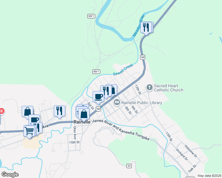 map of restaurants, bars, coffee shops, grocery stores, and more near 210 8th Street in Rainelle