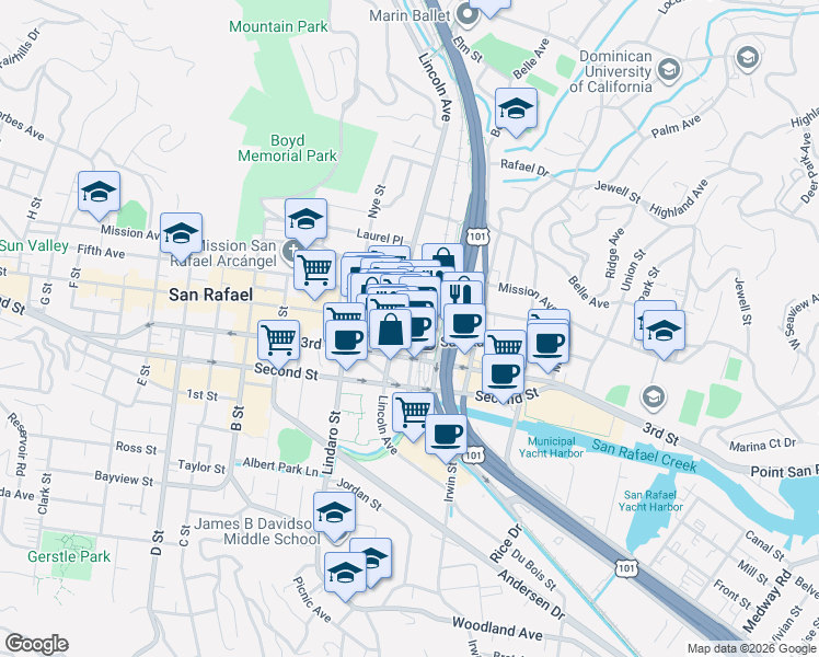 map of restaurants, bars, coffee shops, grocery stores, and more near 711 4th St in San Rafael