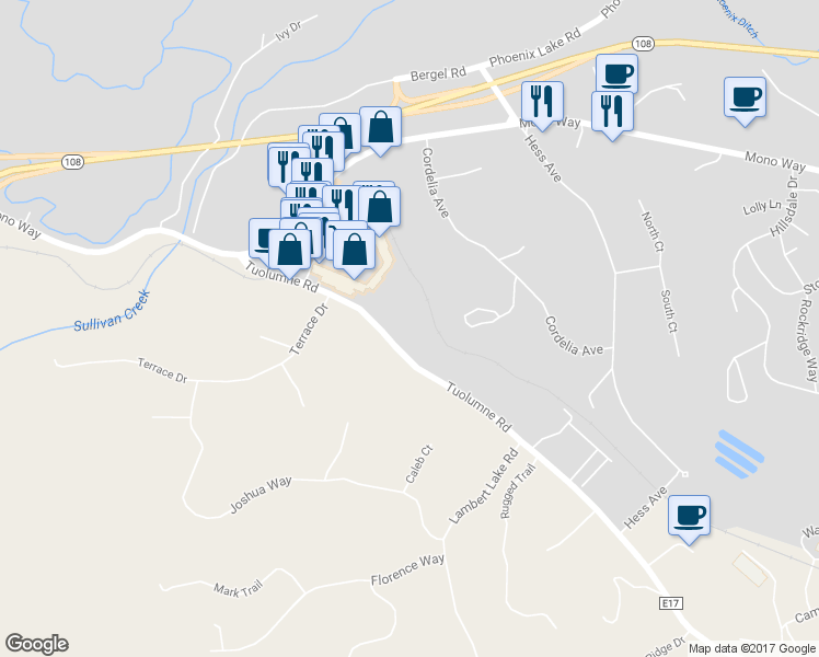 map of restaurants, bars, coffee shops, grocery stores, and more near 13904 Tuolumne Road in Sonora