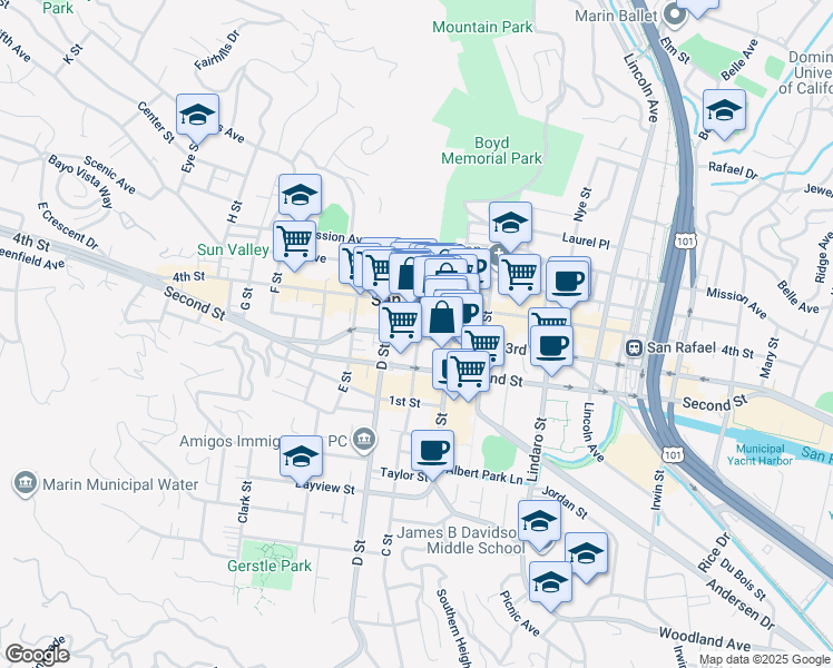 map of restaurants, bars, coffee shops, grocery stores, and more near 900 C Street in San Rafael
