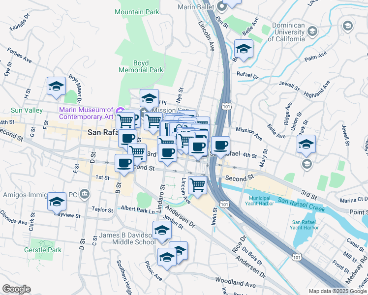 map of restaurants, bars, coffee shops, grocery stores, and more near 823 4th Street in San Rafael