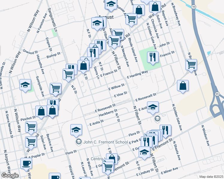map of restaurants, bars, coffee shops, grocery stores, and more near 2416 East Willow Street in Stockton