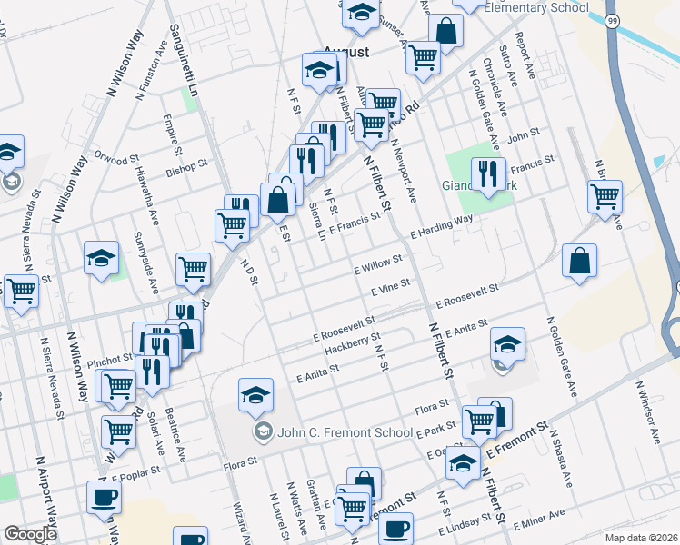 map of restaurants, bars, coffee shops, grocery stores, and more near 2375 East Willow Street in Stockton