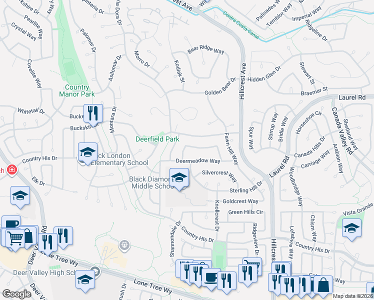map of restaurants, bars, coffee shops, grocery stores, and more near 4546 Fieldcrest Way in Antioch
