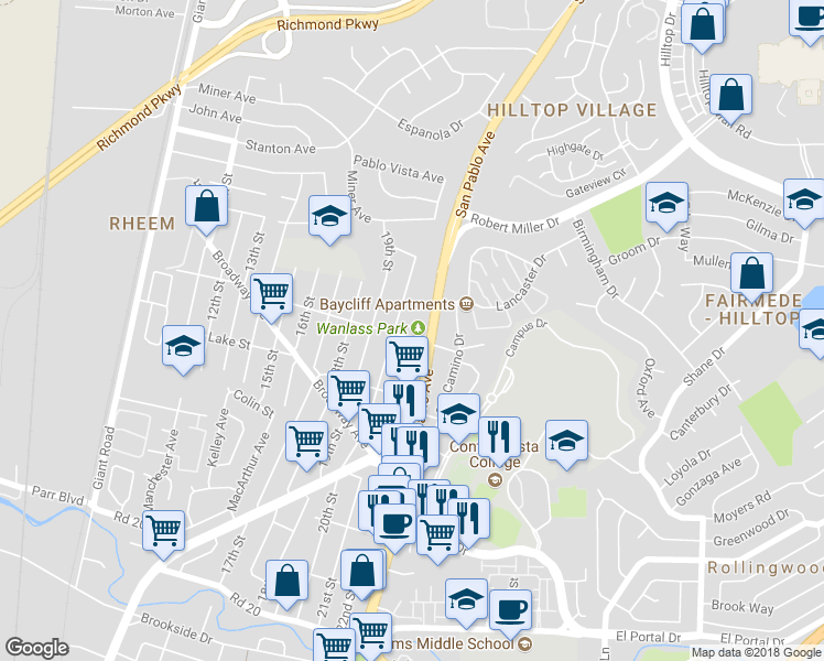 map of restaurants, bars, coffee shops, grocery stores, and more near 2005 Rivers Street in San Pablo