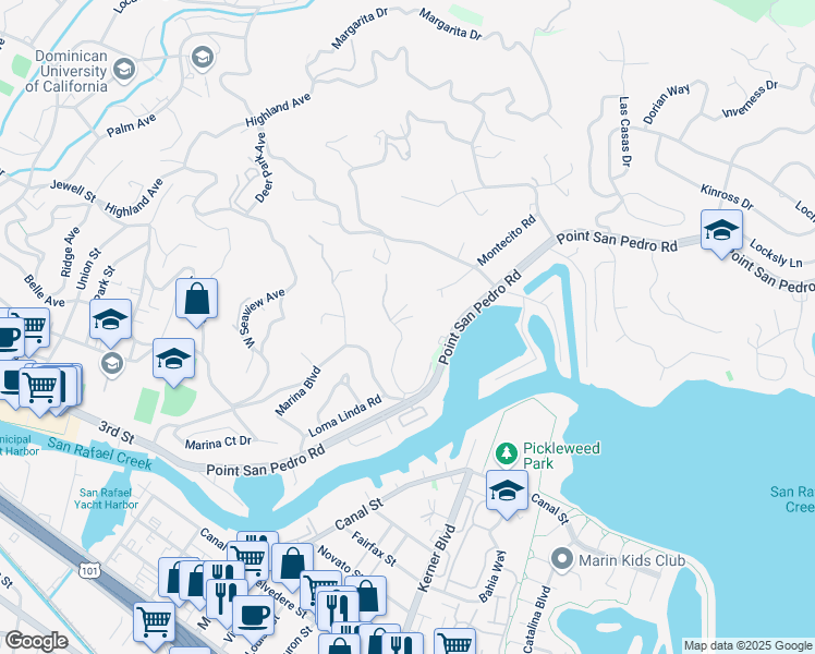 map of restaurants, bars, coffee shops, grocery stores, and more near 46 Montecito Road in San Rafael