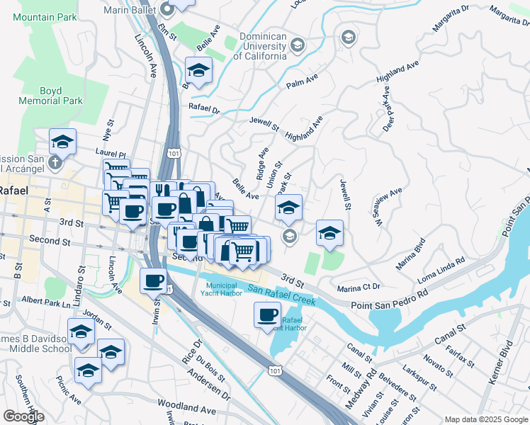 map of restaurants, bars, coffee shops, grocery stores, and more near 304 Mission Avenue in San Rafael