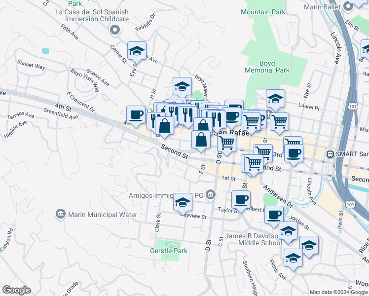 map of restaurants, bars, coffee shops, grocery stores, and more near 105 Shaver Street in San Rafael