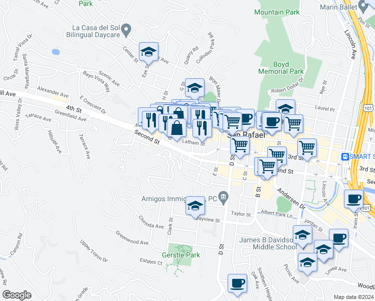 map of restaurants, bars, coffee shops, grocery stores, and more near 1618 Second Street in San Rafael