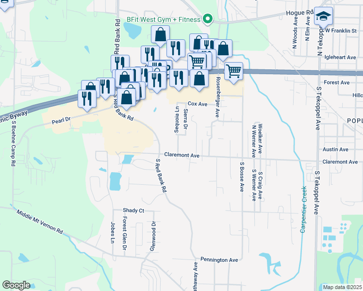 map of restaurants, bars, coffee shops, grocery stores, and more near 400-598 Rechtin Avenue in Evansville