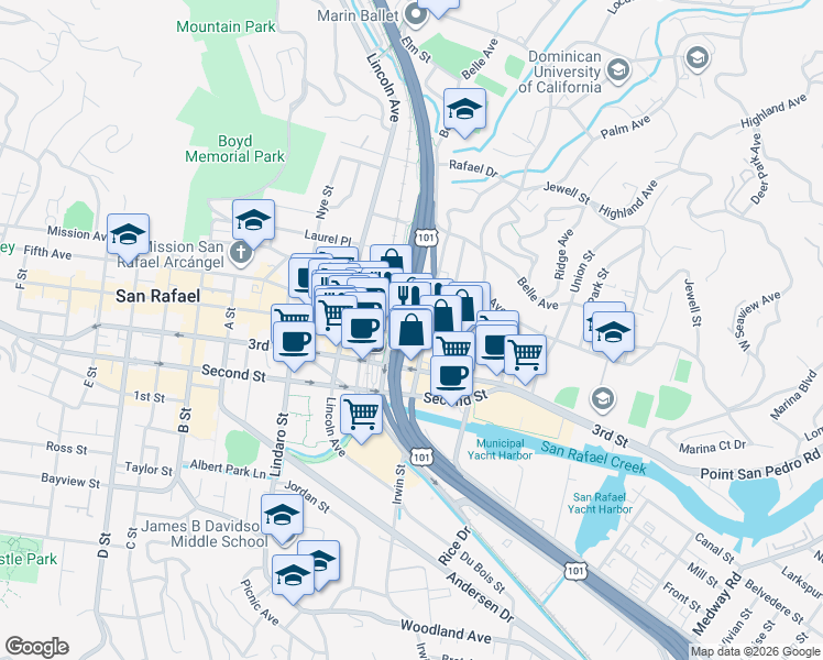 map of restaurants, bars, coffee shops, grocery stores, and more near 614 4th Street in San Rafael