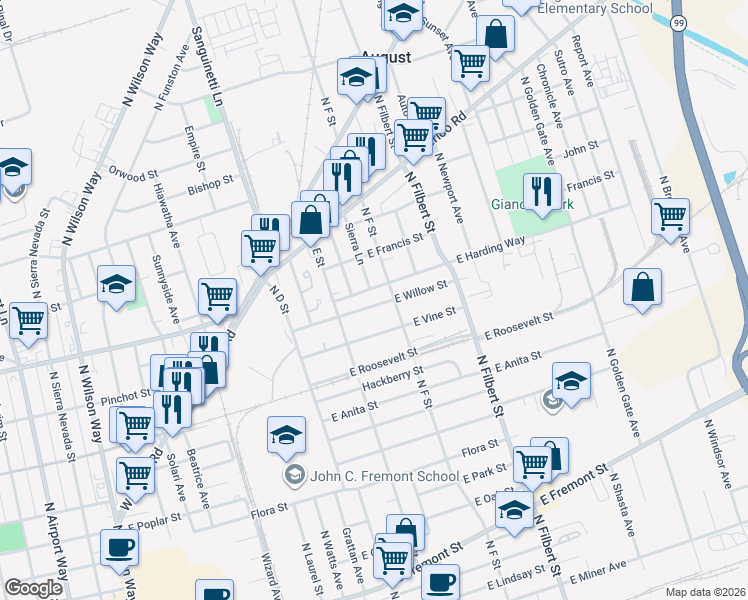 map of restaurants, bars, coffee shops, grocery stores, and more near 2375 East Willow Street in Stockton