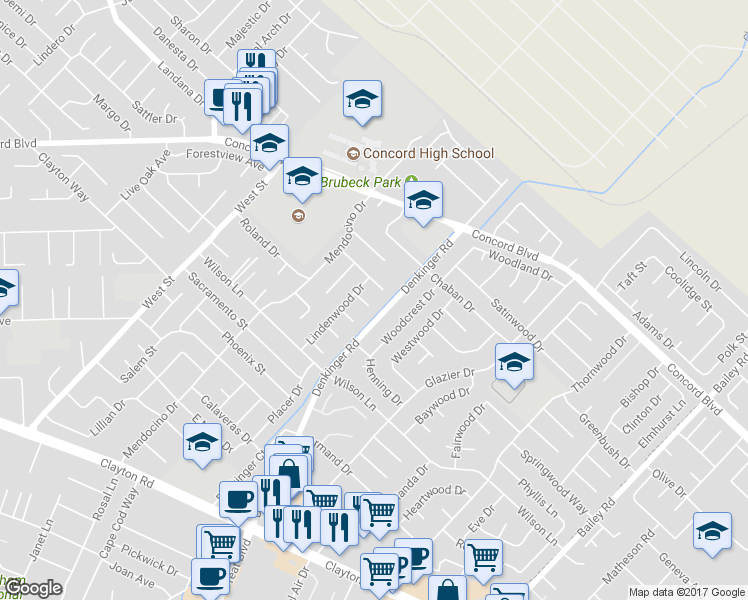 map of restaurants, bars, coffee shops, grocery stores, and more near 4293 Cherrywood Court in Concord
