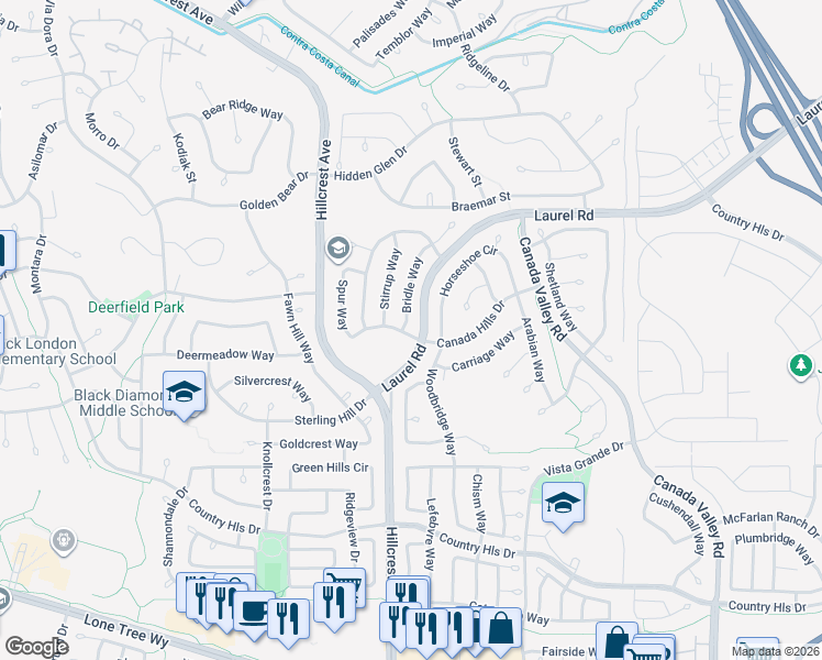map of restaurants, bars, coffee shops, grocery stores, and more near 5033 Bridle Way in Antioch