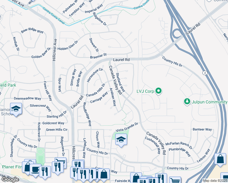 map of restaurants, bars, coffee shops, grocery stores, and more near 4625 Arabian Way in Antioch