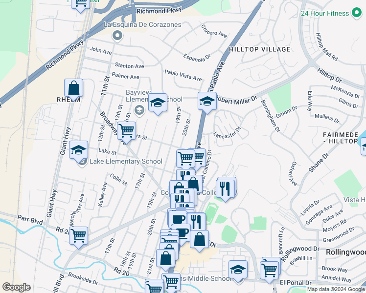 map of restaurants, bars, coffee shops, grocery stores, and more near 2005 Rivers Street in San Pablo