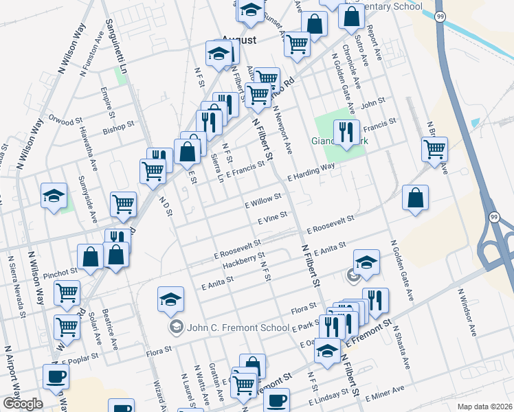map of restaurants, bars, coffee shops, grocery stores, and more near 2422 East Willow Street in Stockton