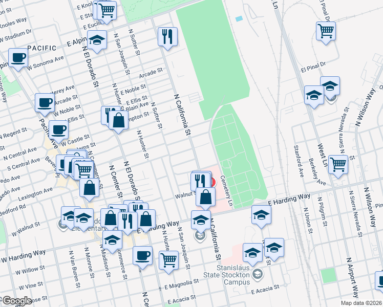 map of restaurants, bars, coffee shops, grocery stores, and more near 2031 North California Street in Stockton