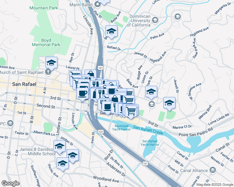 map of restaurants, bars, coffee shops, grocery stores, and more near 1016 Grand Avenue in San Rafael