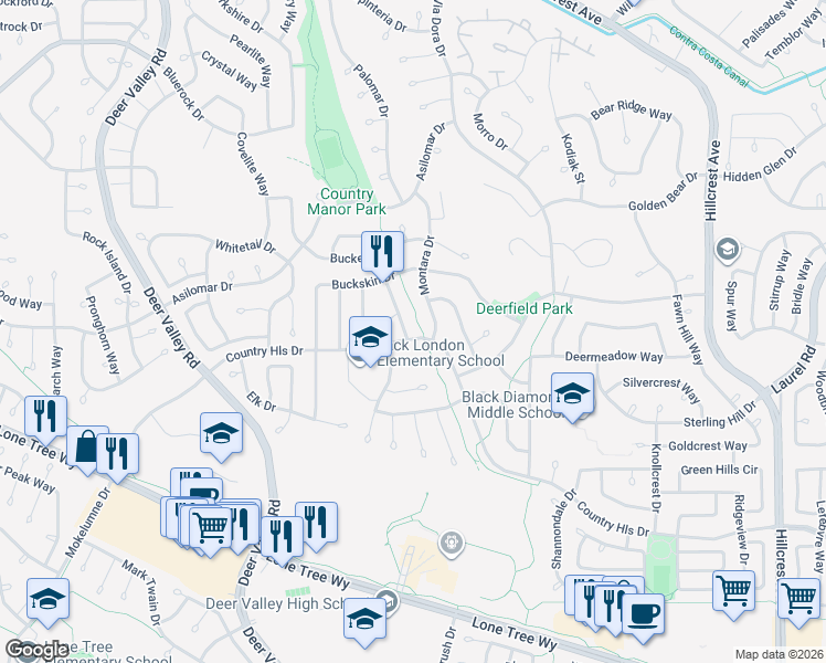 map of restaurants, bars, coffee shops, grocery stores, and more near 4539 Deer Way in Antioch