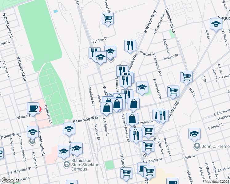 map of restaurants, bars, coffee shops, grocery stores, and more near 1721 North Sierra Nevada Street in Stockton