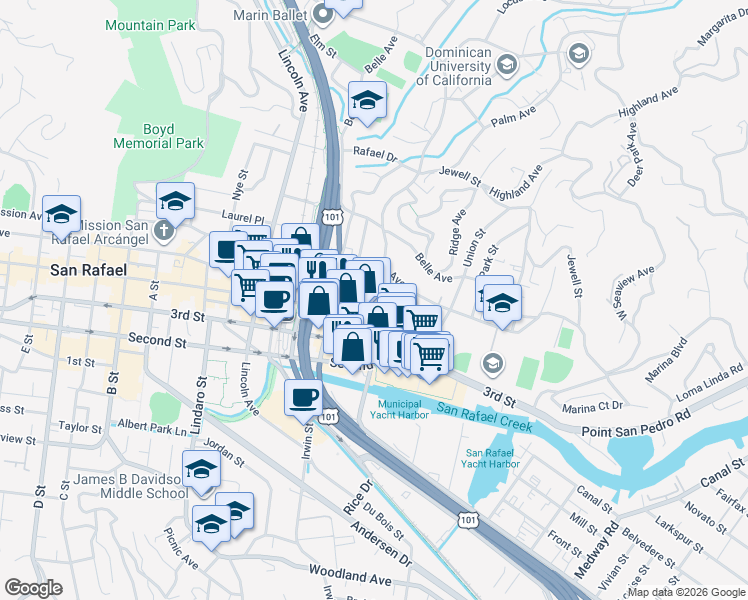map of restaurants, bars, coffee shops, grocery stores, and more near 1016 Grand Avenue in San Rafael