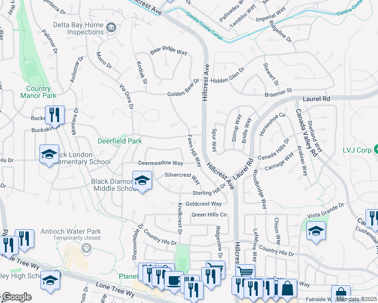 map of restaurants, bars, coffee shops, grocery stores, and more near 4628 Fawn Hill Way in Antioch