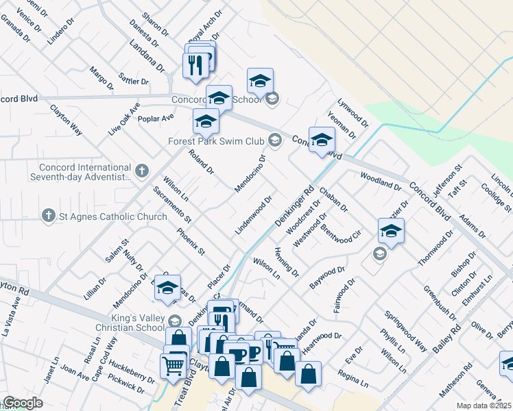 map of restaurants, bars, coffee shops, grocery stores, and more near 1695 Lindenwood Drive in Concord