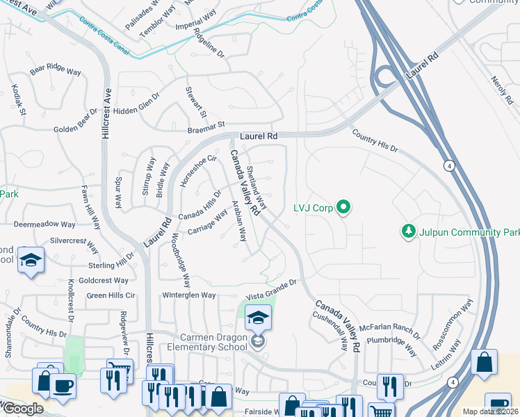 map of restaurants, bars, coffee shops, grocery stores, and more near 4651 Shetland Way in Antioch