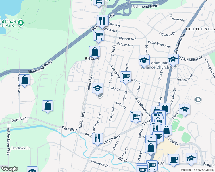 map of restaurants, bars, coffee shops, grocery stores, and more near 2805 12th Street in San Pablo