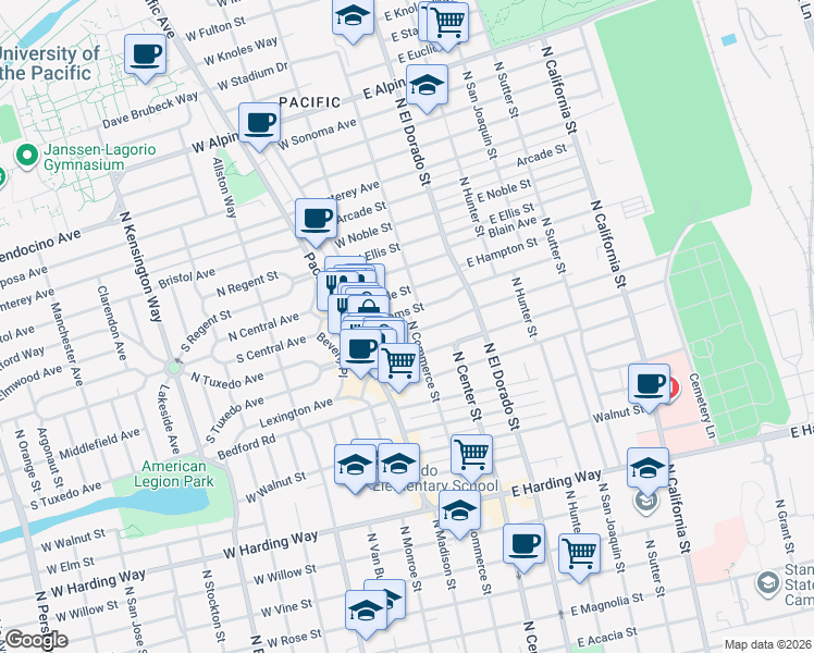 map of restaurants, bars, coffee shops, grocery stores, and more near 105 West Pine Street in Stockton