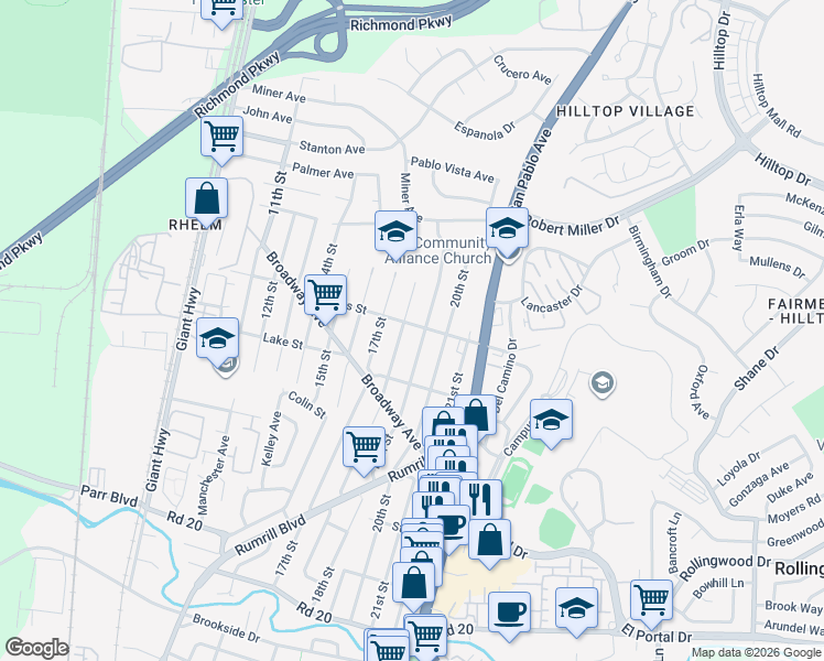 map of restaurants, bars, coffee shops, grocery stores, and more near 1840 Rivers Street in San Pablo