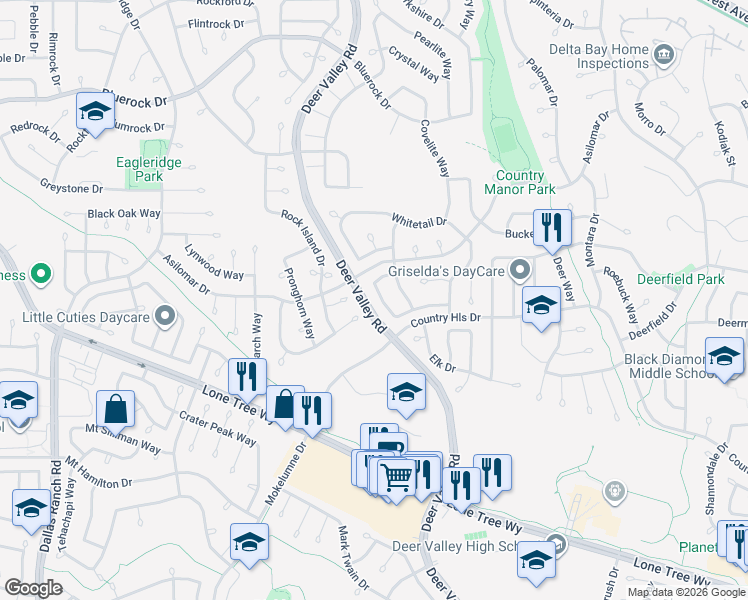 map of restaurants, bars, coffee shops, grocery stores, and more near 2416 Hooftrail Way in Antioch