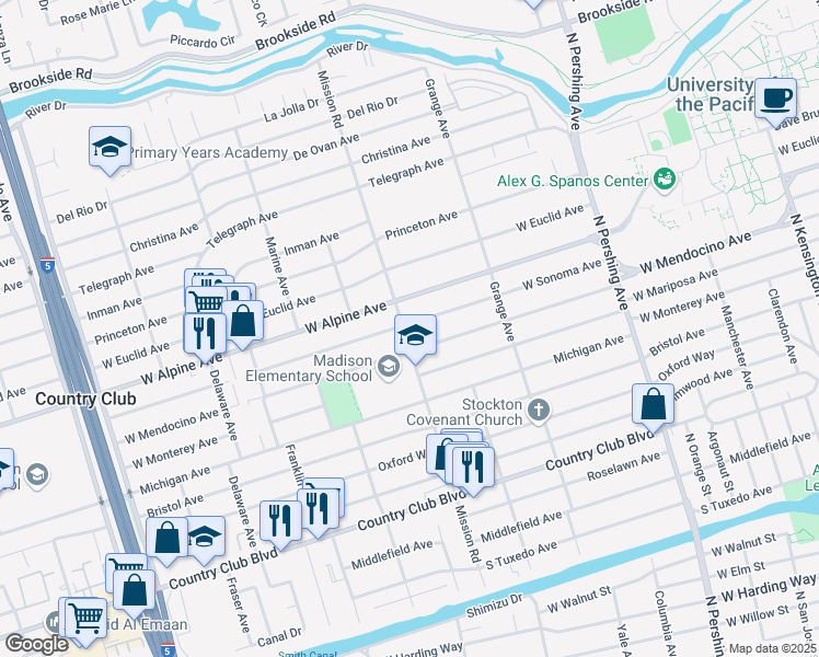 map of restaurants, bars, coffee shops, grocery stores, and more near 1874 West Sonoma Avenue in Stockton