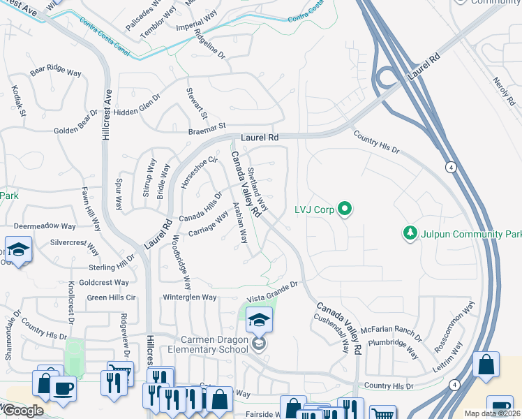 map of restaurants, bars, coffee shops, grocery stores, and more near 4651 Shetland Way in Antioch