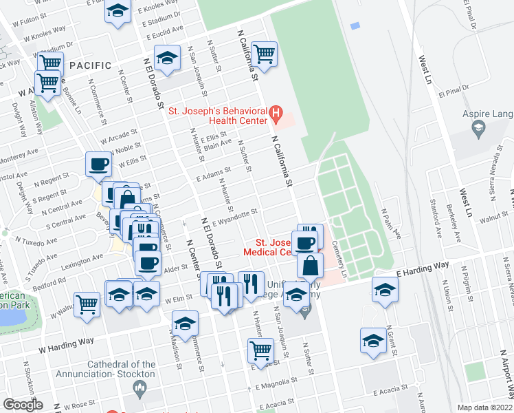 map of restaurants, bars, coffee shops, grocery stores, and more near 349 East Wyandotte Street in Stockton