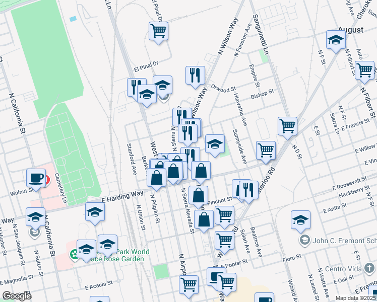 map of restaurants, bars, coffee shops, grocery stores, and more near 1701 North Wilson Way in Stockton