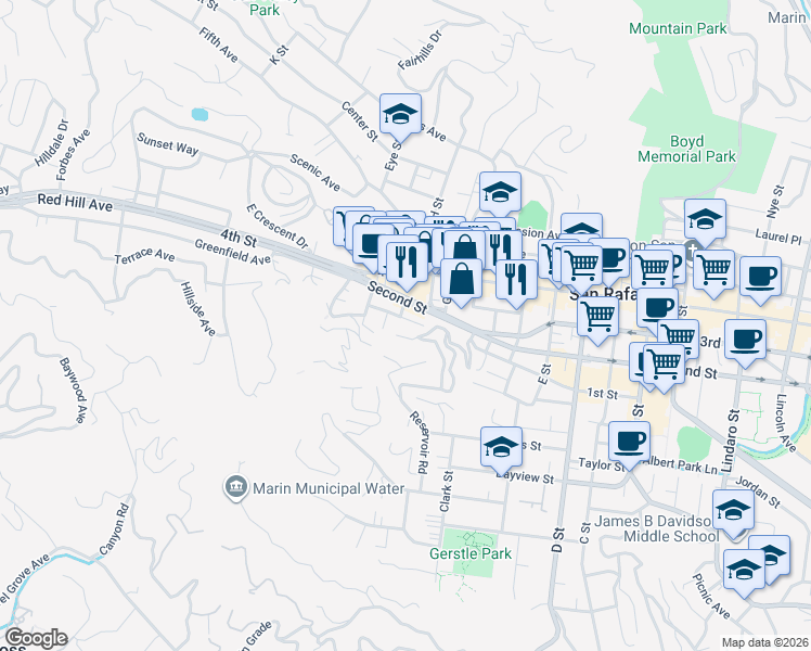 map of restaurants, bars, coffee shops, grocery stores, and more near 15 Jessup Street in San Rafael
