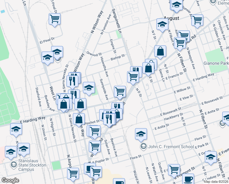 map of restaurants, bars, coffee shops, grocery stores, and more near 1550 Hiawatha Avenue in Stockton