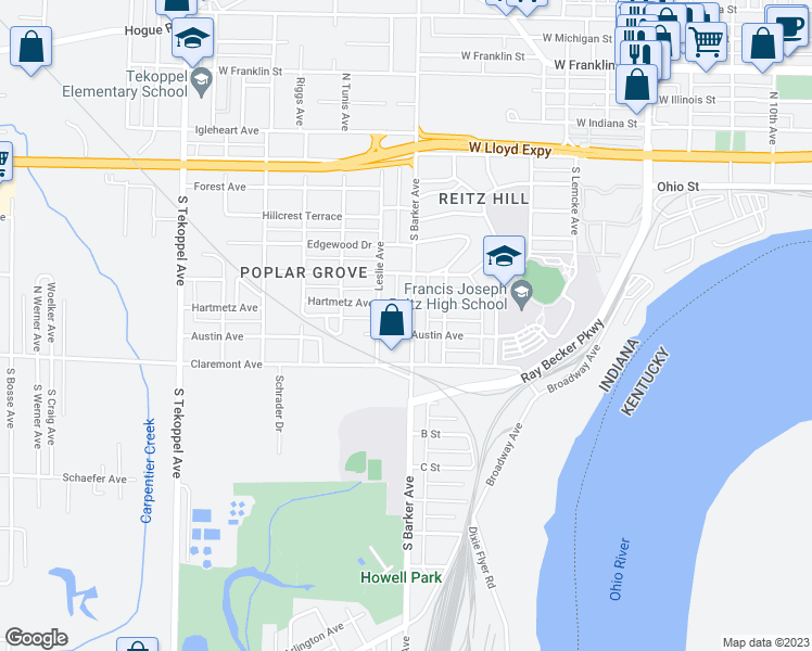 map of restaurants, bars, coffee shops, grocery stores, and more near 331 South Barker Avenue in Evansville