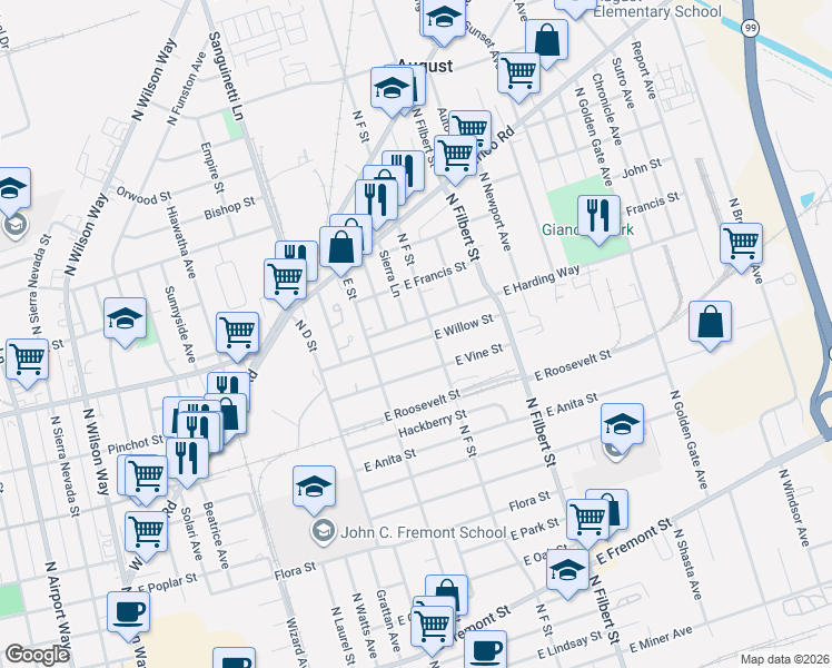 map of restaurants, bars, coffee shops, grocery stores, and more near 2375 East Willow Street in Stockton