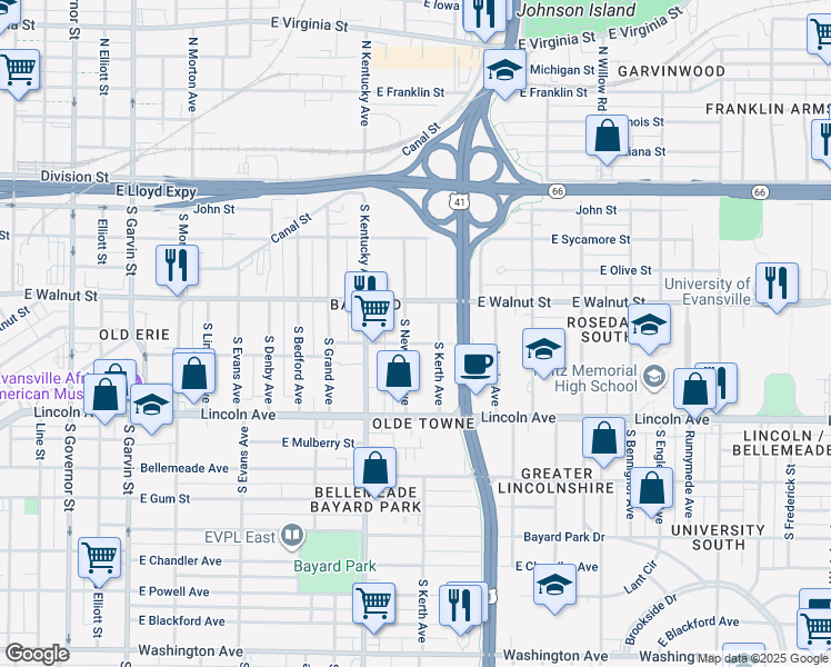map of restaurants, bars, coffee shops, grocery stores, and more near 424 S New York Ave in Evansville