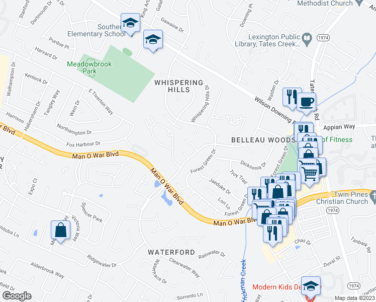map of restaurants, bars, coffee shops, grocery stores, and more near 613 Princeton Circle in Lexington