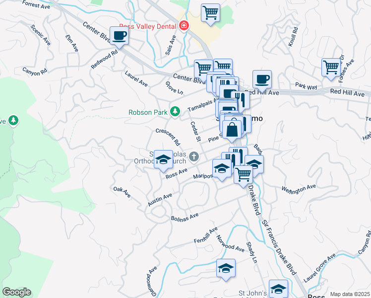 map of restaurants, bars, coffee shops, grocery stores, and more near 285 Crescent Road in San Anselmo