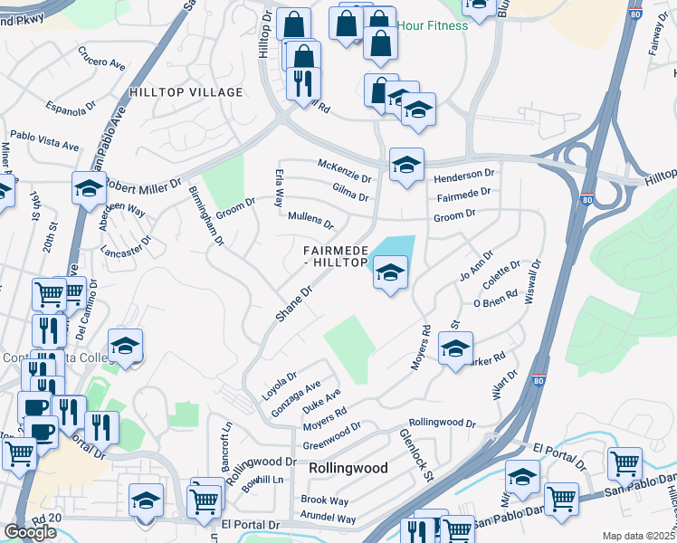 map of restaurants, bars, coffee shops, grocery stores, and more near 3030 Shane Drive in San Pablo