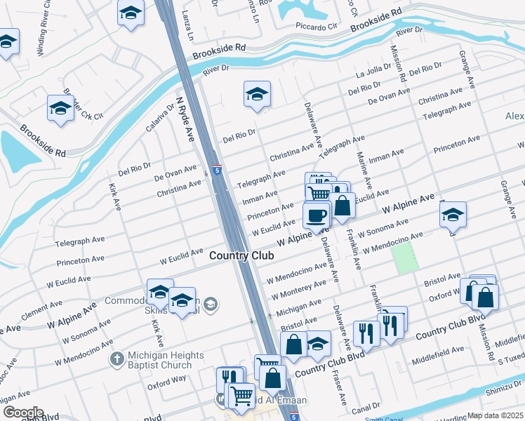 map of restaurants, bars, coffee shops, grocery stores, and more near 2451 Princeton Avenue in Stockton