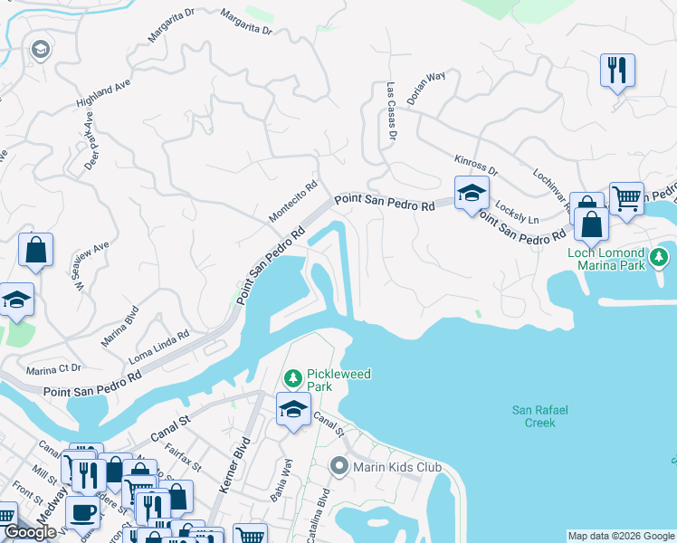 map of restaurants, bars, coffee shops, grocery stores, and more near 65 Summit Avenue in San Rafael