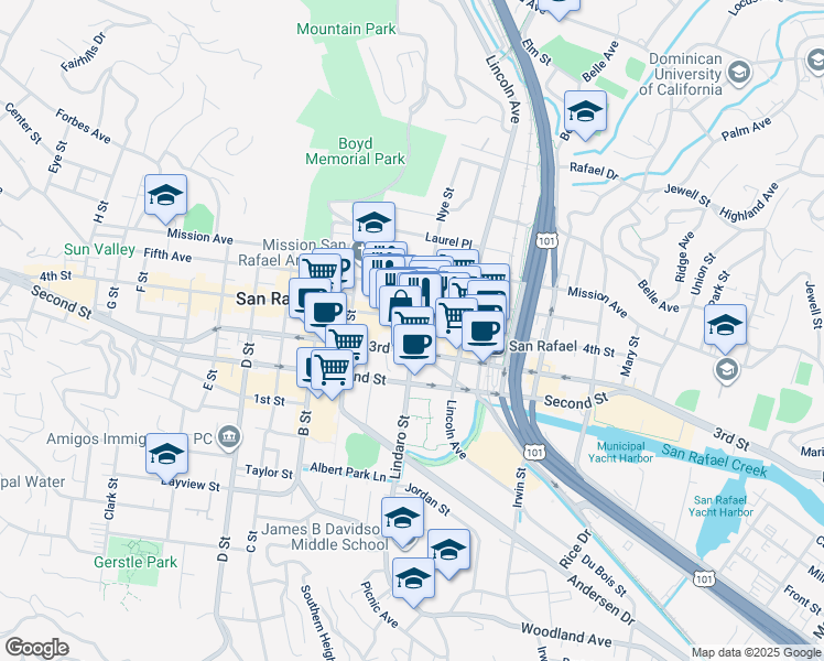 map of restaurants, bars, coffee shops, grocery stores, and more near 891 Commercial Place in San Rafael