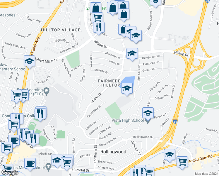 map of restaurants, bars, coffee shops, grocery stores, and more near 3030 Shane Drive in Richmond
